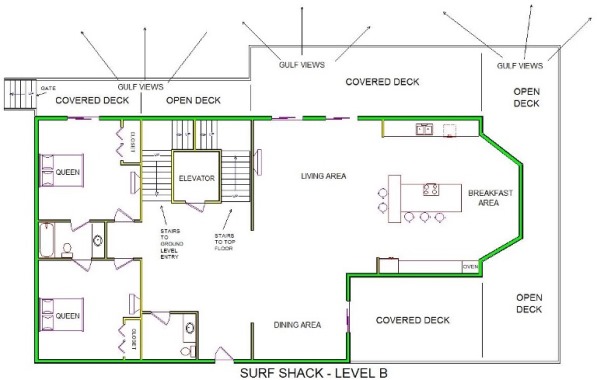 A level B layout view of Sand 'N Sea's beachfront house vacation rental in Galveston named Surf Shack